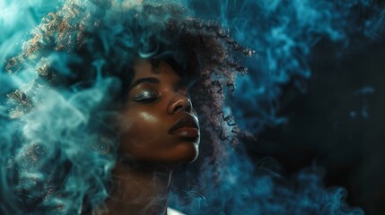 Ethereal beauty amidst blue swirls, afro woman portrait, dreamy artistic photography for decor. AI - obrazy, fototapety, plakaty