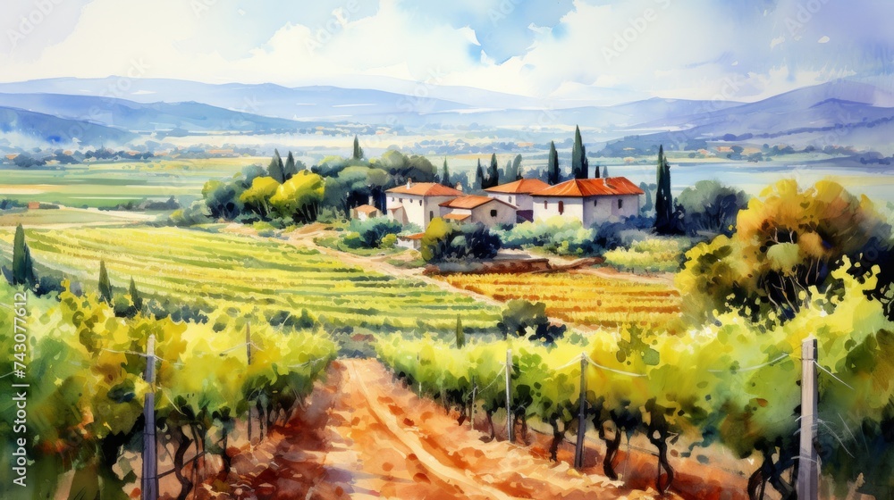 Poster Generative AI Rustic vineyards with ripe grapevines. aquarelle