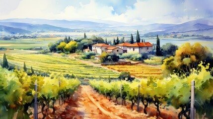 Fototapeta na wymiar Generative AI Rustic vineyards with ripe grapevines. aquarelle