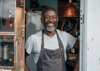 Photo of a happy African American man standing at the door of his store. A successful small business owner in a casual grey apron standing at the entrance