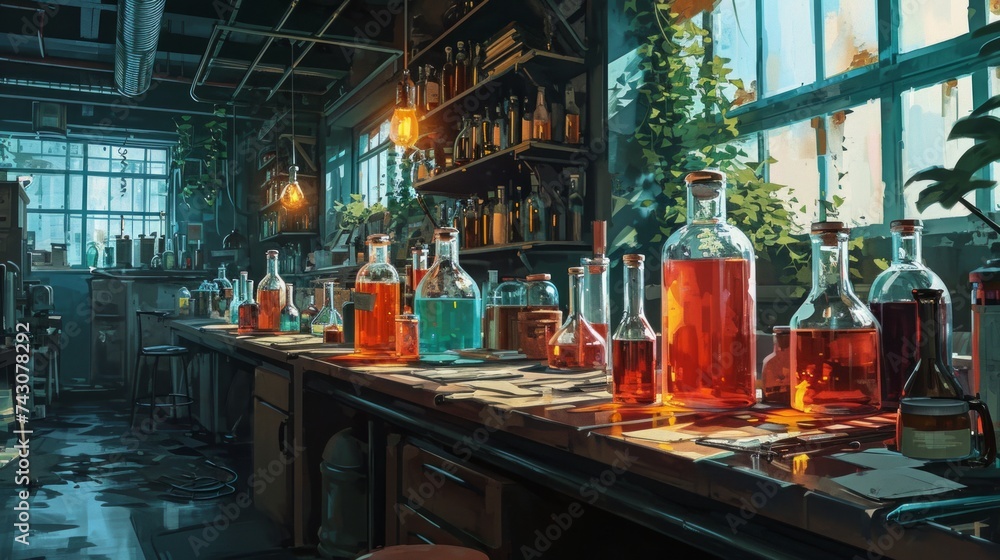 Poster generative ai science lab, test tubes and lab coats, experiments in progress, scientific equipment, 