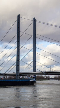 Bridge over the rhine river in Dusseldorf. Oberkassel and Dusseldorf. 