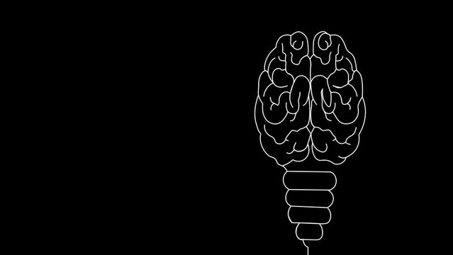 Creative Mind Concept with Human Brain in Light Bulb Shape with continuous line animation in black background. Creativity, brainstorm and innovative idea. 
