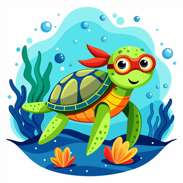 Illustration of turtle snorkeling underwater in white background