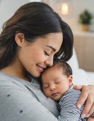  Tender bond Bright image of a mother's love with her peacefully sleeping infant at home bed