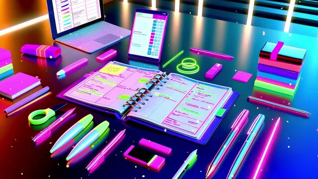 A neon planner lies on the table along with pens, a tablet and a laptop.
