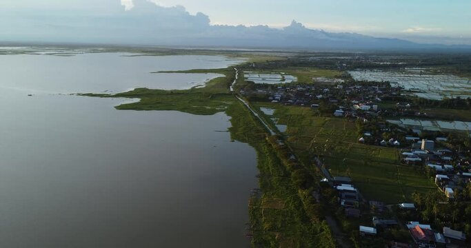 Aerial view. View from above on the outskirts of Sengkang City, South Sulawesi, Indonesia. Villages and lakes