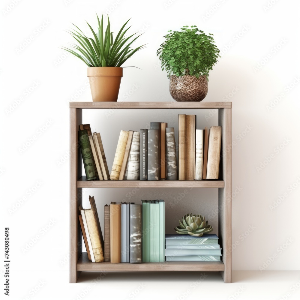 Poster stock image of a bookshelf on a white background, versatile, storage for books and decor generative 