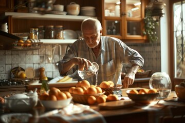 Senior Man Pouring Water into Glass During Breakfast in a Sunlit Home Kitchen