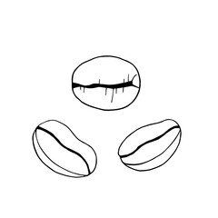Set of coffee beans hand drawn in ink. Vector illustration. Black and white outline drawing. For packaging, menus, cards, printing, invitations, business cards, advertising, coloring.