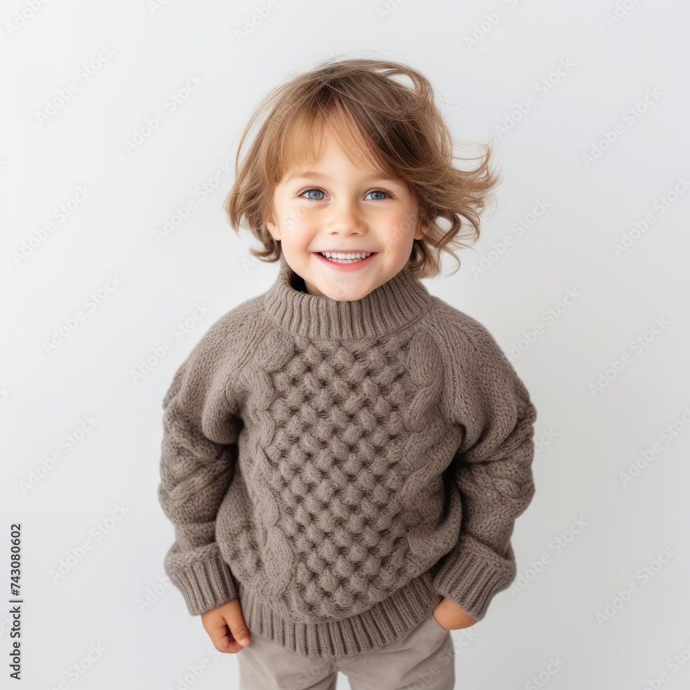 Poster Stock image of a child in a cozy sweater and leggings on a plain white background Generative AI