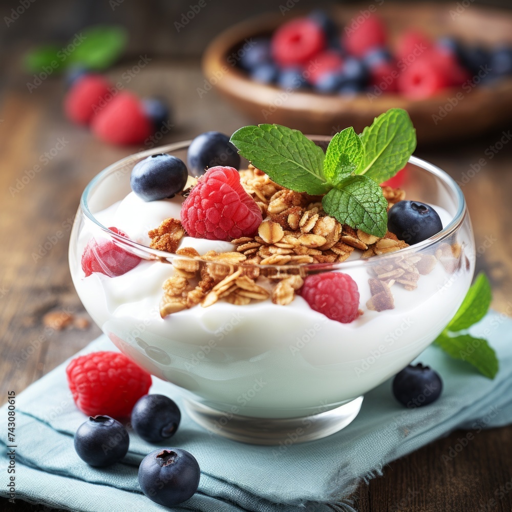 Poster stock image of a bowl of yogurt with granola and fresh berries, a nutritious and tasty breakfast opt