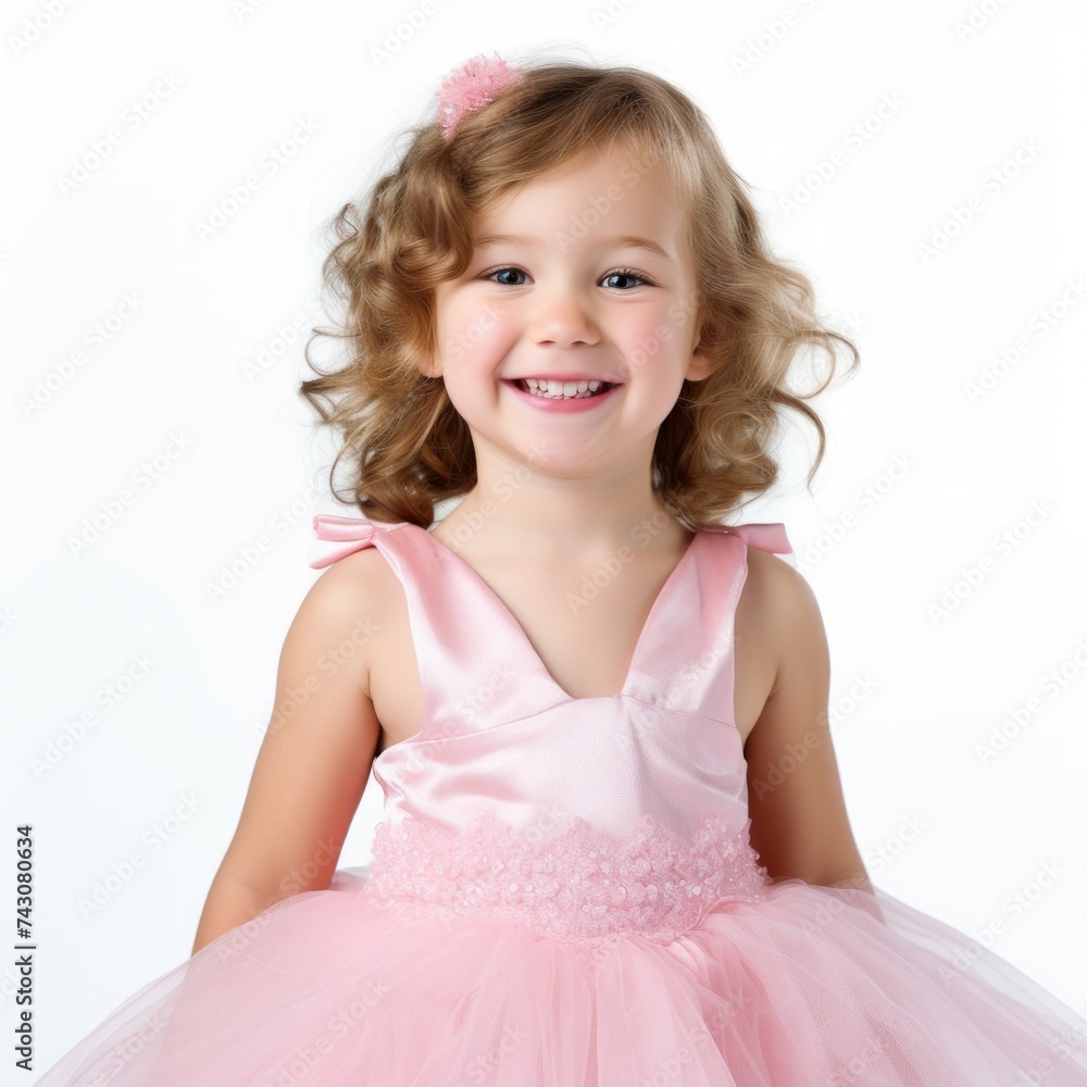 Poster stock image of a child in a party dress on a white background generative ai