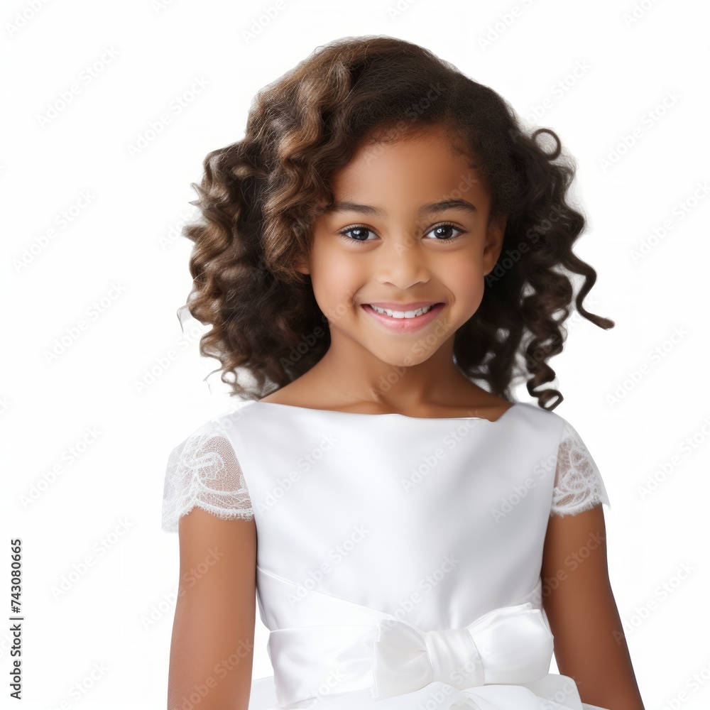 Poster Stock image of a child in a formal dress on a white backdrop Generative AI