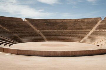 An ancient stone amphitheater with shadowed seats, arched exits, and a bright sky.