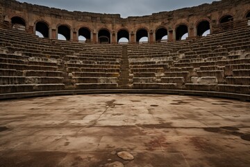 An ancient stone amphitheater with shadowed seats, arched exits, and a bright sky.