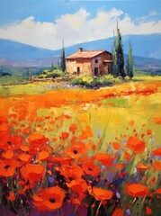 Naklejka premium A painting of a house standing amidst a vibrant field of blooming flowers, capturing the essence of a peaceful countryside scene.