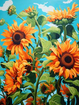 A painting featuring vibrant sunflowers against a deep blue background. The contrast between the yellow petals and the blue hue creates a striking visual composition.