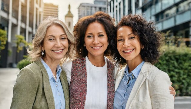  Three mature female friends posing together looking at the camera. Women having fun together outdoor at city street- three happy mature trendy female friends