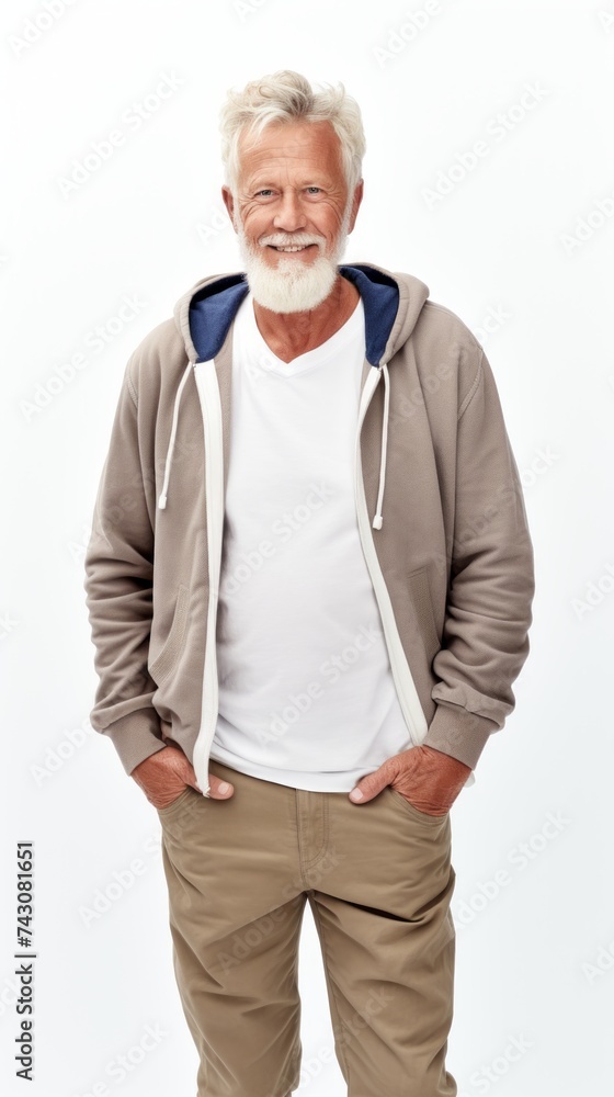 Poster stock image of a grandpa in a relaxed outfit on a white backdrop generative ai