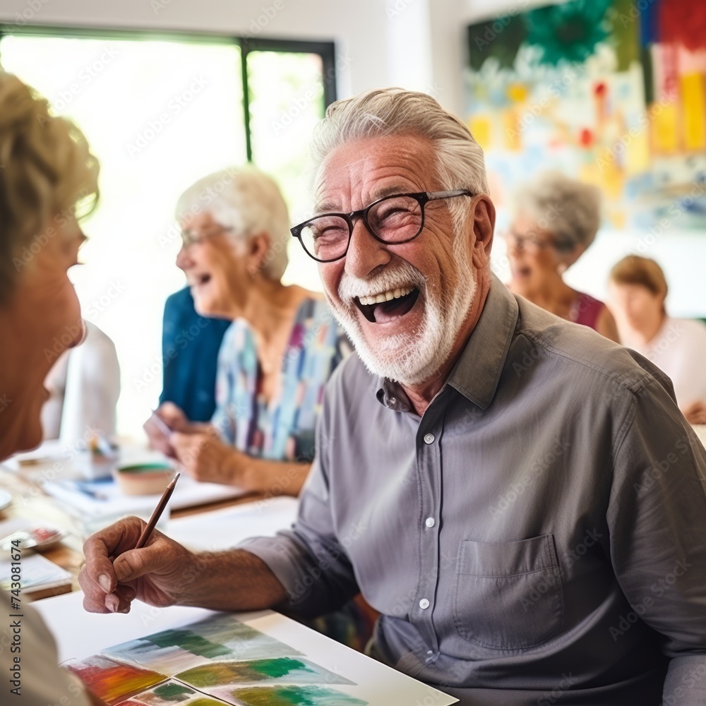 Poster stock image of a group of seniors enjoying a day of painting or drawing, creative and expressive gen