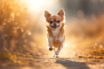 Euphoric Chihuahua Joyfully Sprinting Along a Sunlit Path in Nature