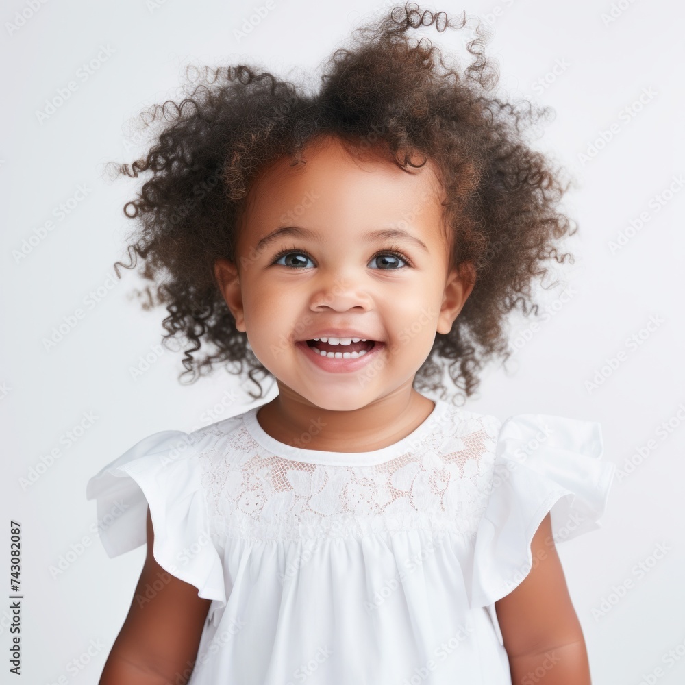 Poster stock image of a toddler in a cute dress against a white backdrop generative ai