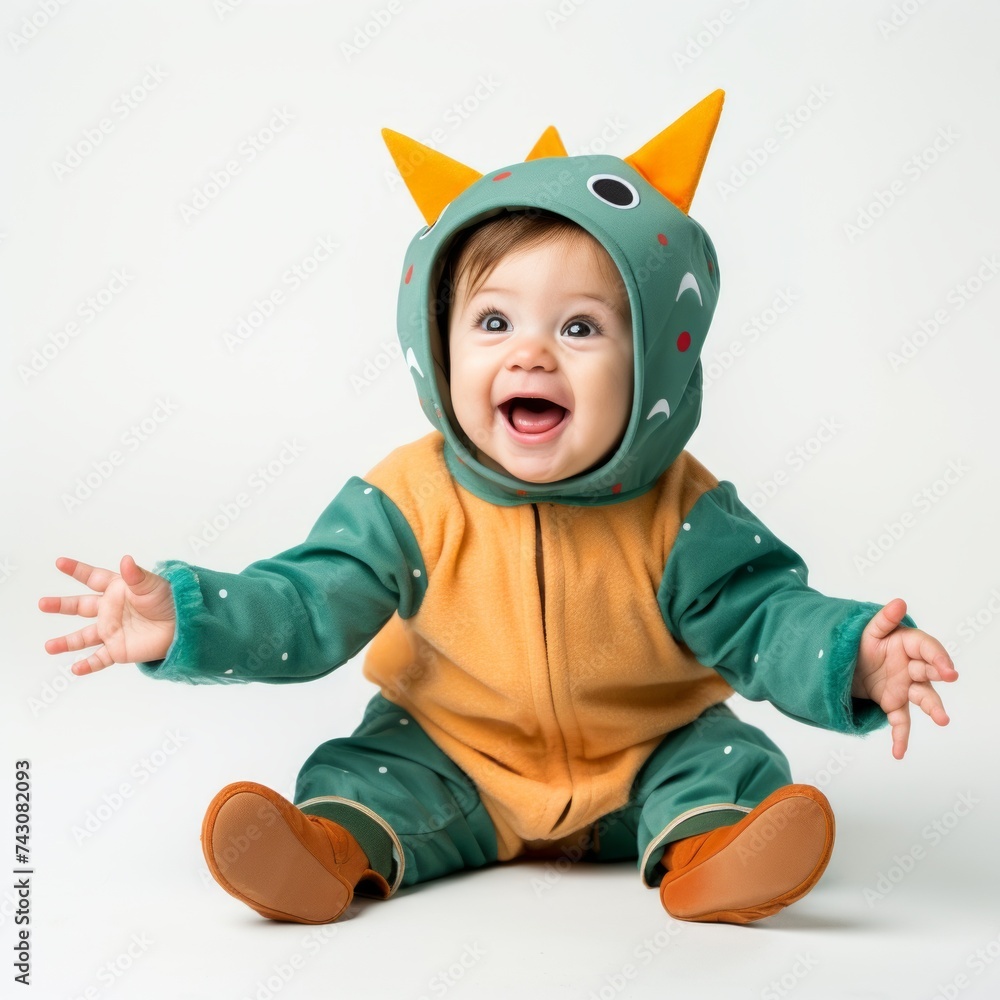 Poster Stock image of a toddler in a themed costume on a plain white backdrop Generative AI