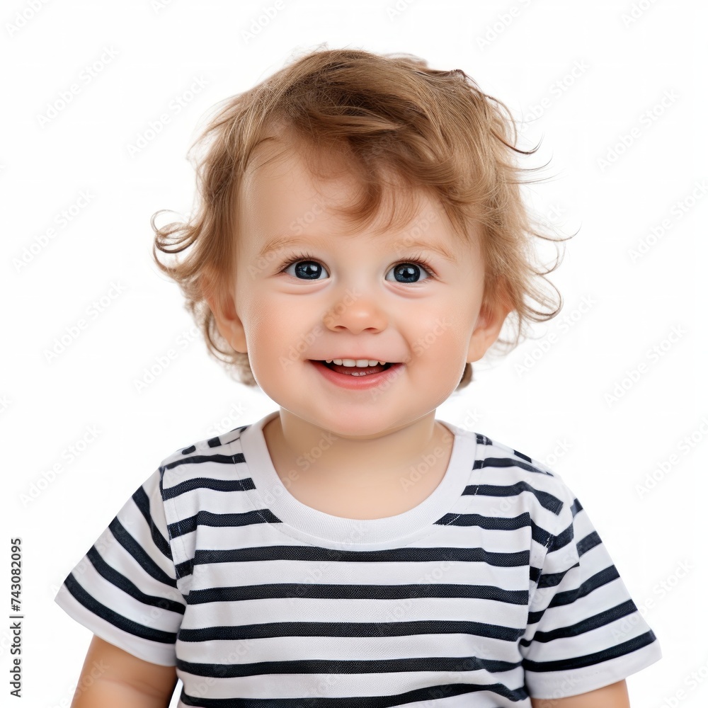 Aufkleber stock image of a toddler in a striped t-shirt on a plain white background generative ai