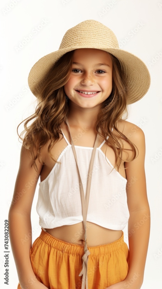 Aufkleber stock image of a young girl in a summer outfit against a plain white background generative ai