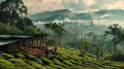 The house is sitting on top of the tea plantations - obrazy, fototapety, plakaty