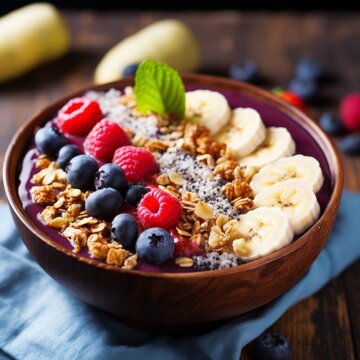 Stock image of acai berry bowl topped with granola, banana, and berries, nutritious superfood breakfast Generative AI