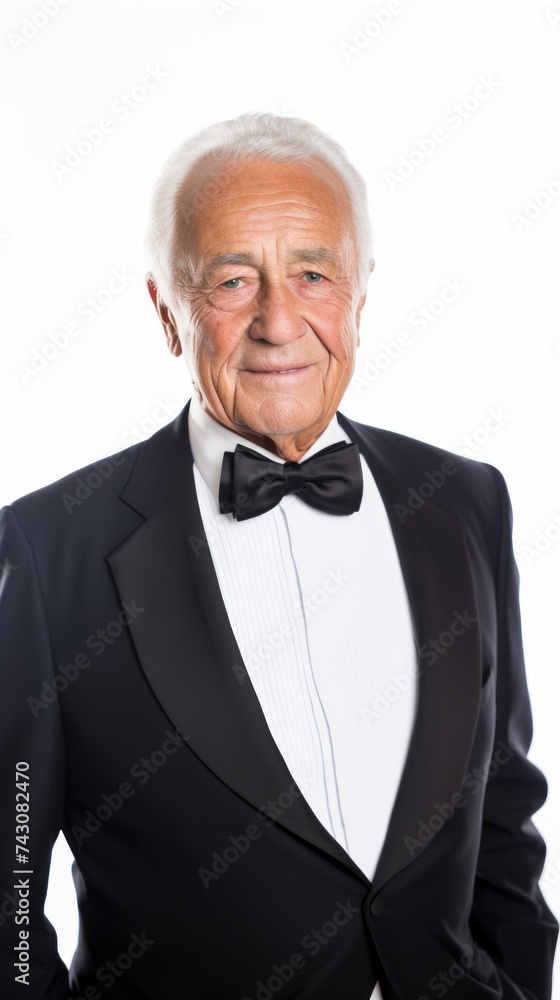 Poster stock image of an elderly man in a formal outfit on a white backdrop generative ai