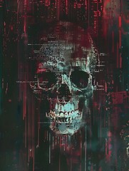Computer virus malware attack represented by a skull in code on a screen. Cyper security concept. 