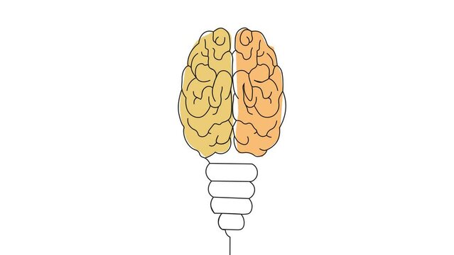 Creative Mind Concept with Human Brain in Light Bulb Shape with continuous line animation in white background. Creativity, brainstorm and innovative idea. 
