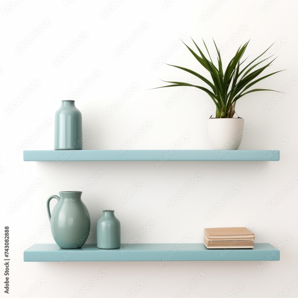 Poster stock image of an office wall shelf on a white background, decorative, display and storage generativ