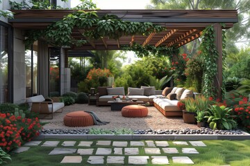 A garden patio features a pergola surrounded by plantfilled landscapes, with a couch, chairs, and ottomans adding comfort to the setting