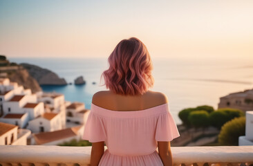 Fototapeta na wymiar Young traveller girl enjoying view of popular touristic resort by the Sea