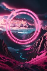 Majestic Twilight Mountains With Vibrant Pink Neon Circle and Overlooking Clouded Valley
