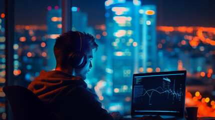 Remote worker sits at a monitor against the backdrop of a colorful night city.