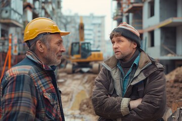 Witness a scene at the construction site where a Caucasian male real estate investor and civil engineer engage in a discussion about building progress - obrazy, fototapety, plakaty