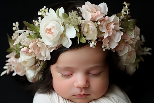 Close-up portrait of a sleeping newborn baby wearing a flower wreath