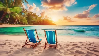 Deurstickers Beautiful beach. Chairs on the sandy beach near the sea. Summer holiday and vacation concept for tourism. Inspirational tropical landscape © Zulfi_Art