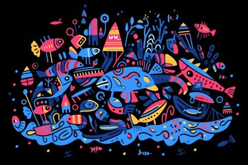 Colorful abstract underwater scene with various whimsical fish and sea plants, vibrant and playful aquatic life illustration.