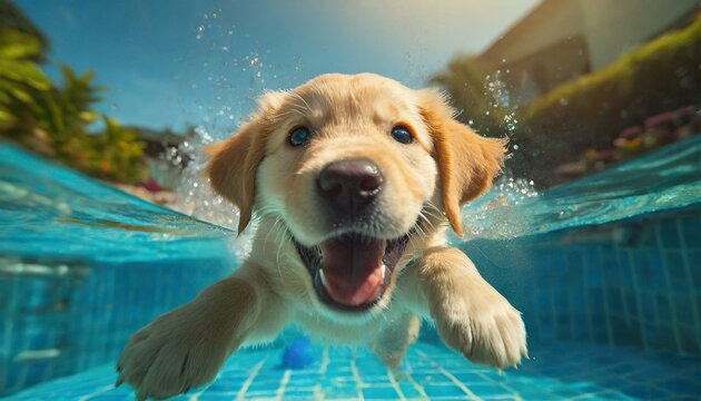 Underwater funny photo of golden labrador retriever puppy in swimming pool play with fun