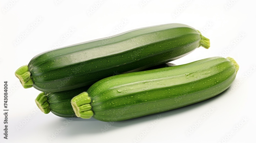 Poster three fresh, green zucchinis captured in a close-up realistic photo against a white background gener