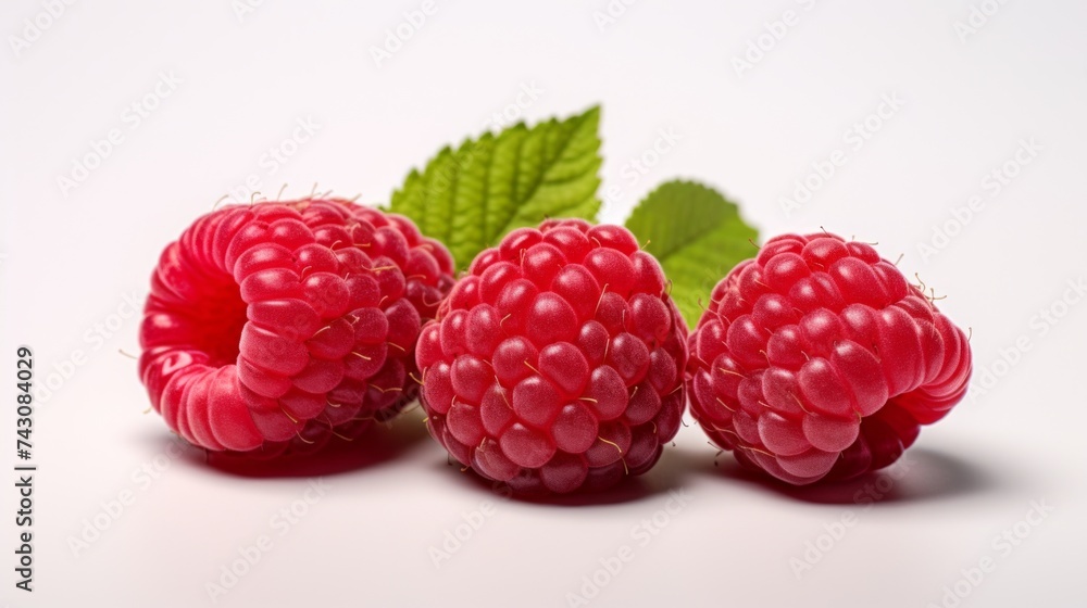 Poster three luscious raspberries captured in a close-up realistic photo against a white background generat