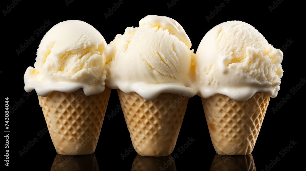 Poster Three scoops of classic vanilla ice cream in a close-up realistic photo against a white background Generative AI