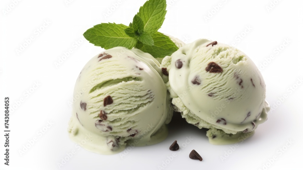 Poster three scoops of refreshing mint chocolate chip ice cream showcased in a close-up realistic photo aga