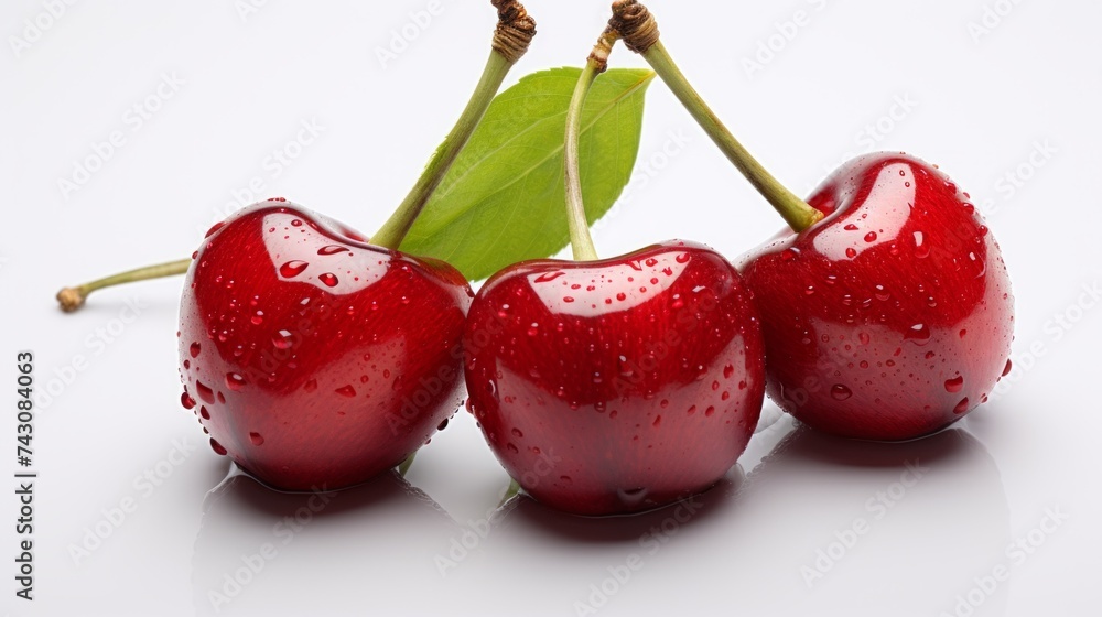 Aufkleber three sweet red cherries captured in a close-up realistic photo on a white background generative ai